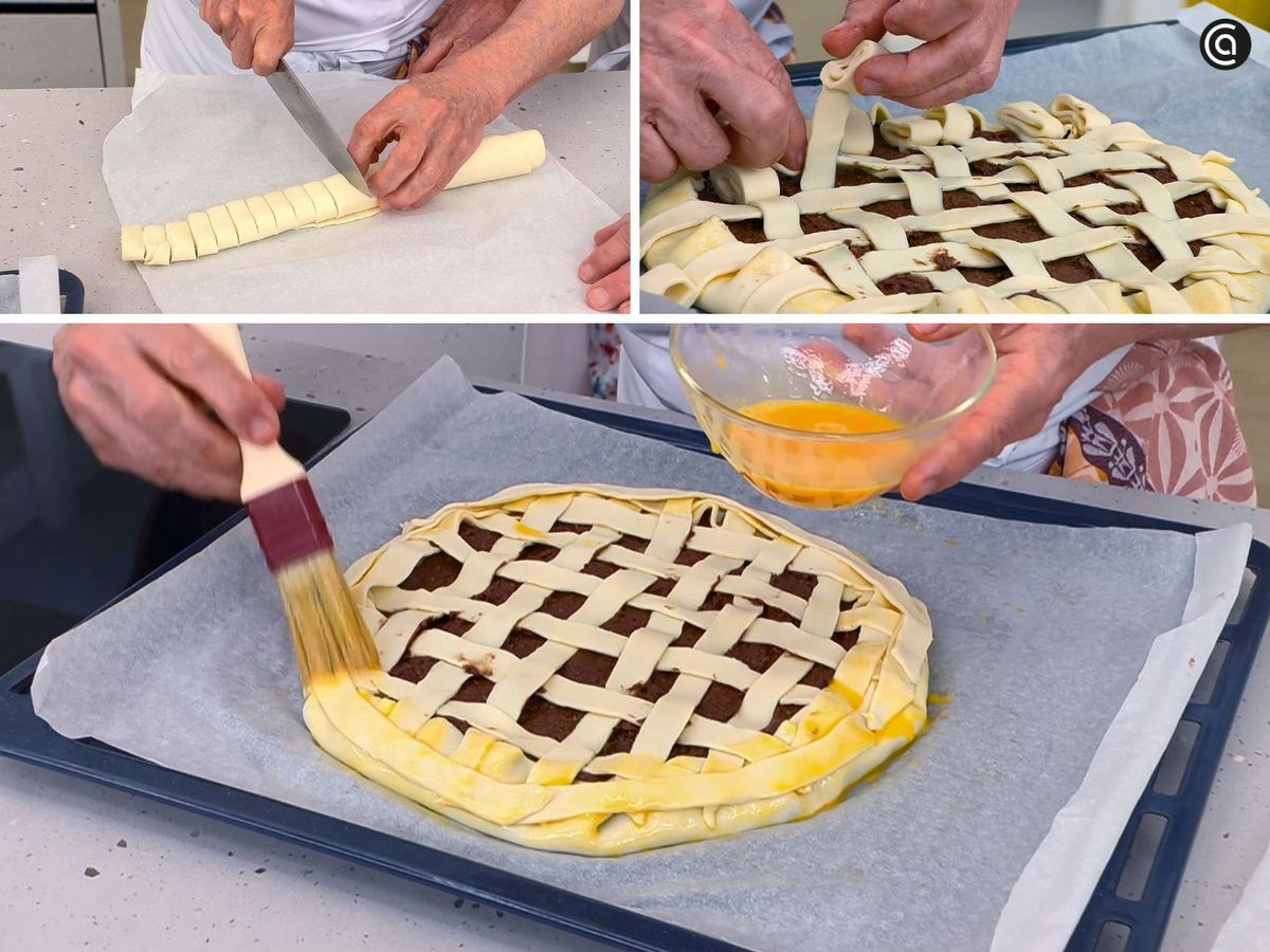 Decora la tarta de franchipán con una rejilla de hojaldre