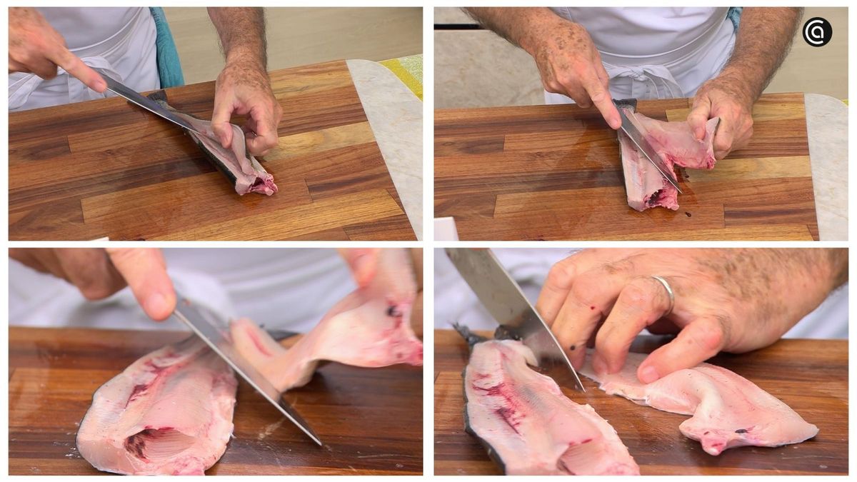 Se retiran las espinas y los restos de piel para dejar los lomos de trucha limpios, listos para cocinar