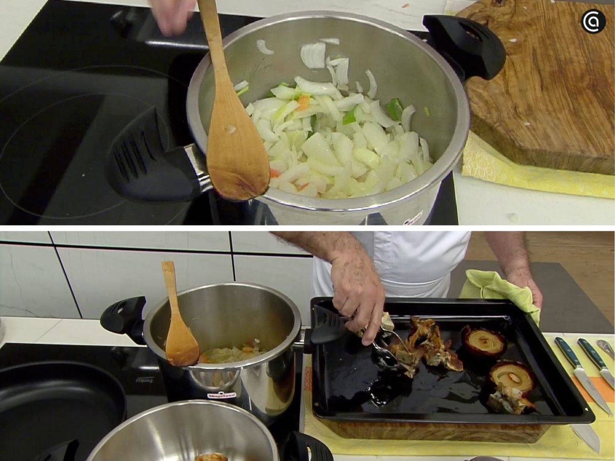 Prepara el sofrito y asa al horno los huesos