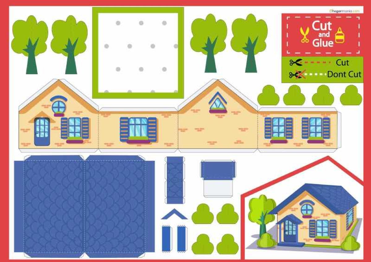 Plantilla de piezas para hacer la casa de papel azul.